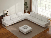 Deluxe Cloud 6-Seater White Open Space Sofa Set | 8-Piece (Includes 2 Ottomans), Linen Look Poly Fabric, Easy To Clean