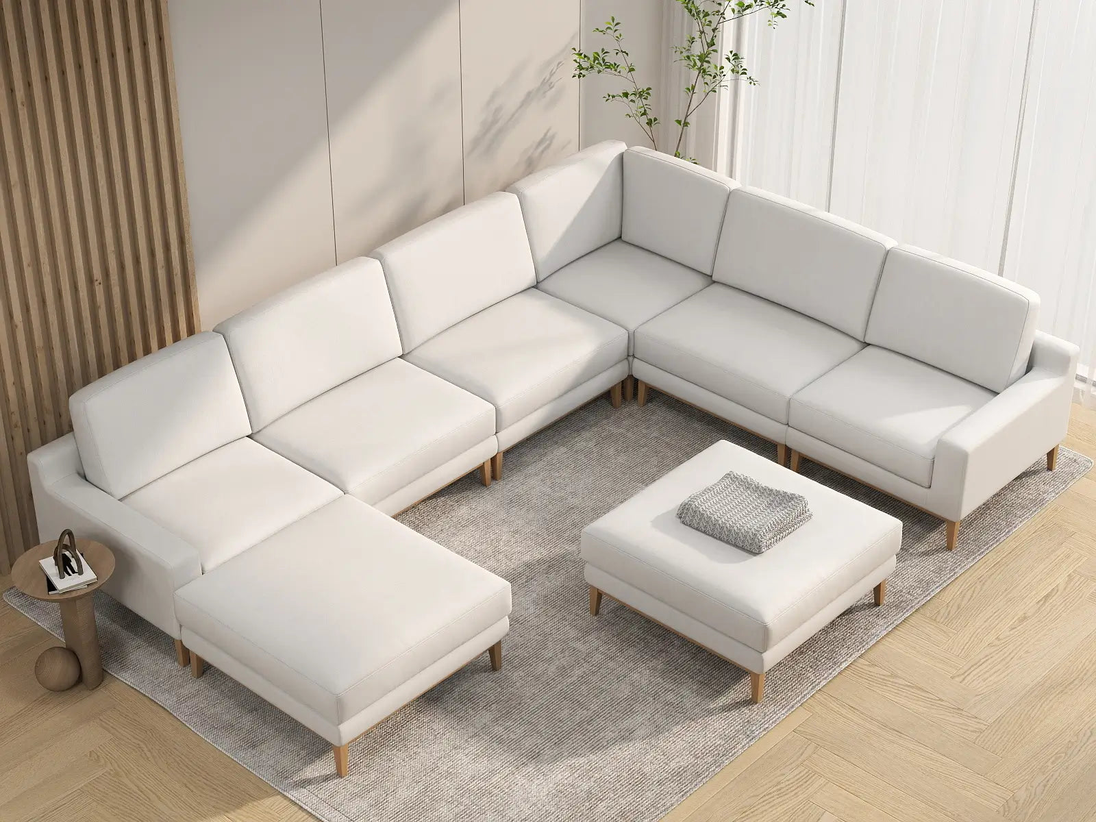 Deluxe Cloud 6-Seater White Open Space Sofa Set | 8-Piece (Includes 2 Ottomans), Linen Look Poly Fabric, Easy To Clean