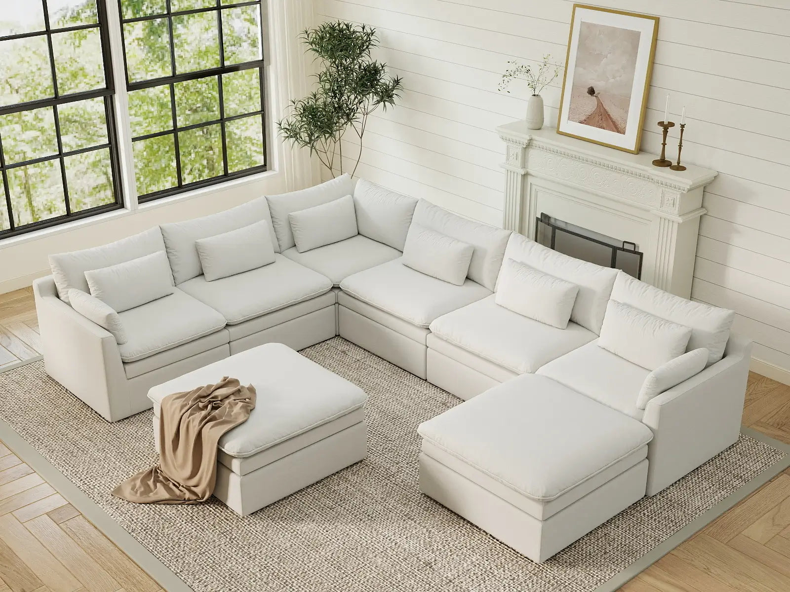 Deluxe Cloud 6-Seater White Open Space Sofa Set | 8-Piece (Includes 2 Ottomans), Linen Look Poly Fabric, Easy To Clean