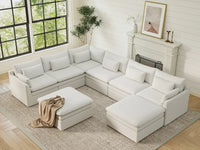 Deluxe Cloud 6-Seater White Open Space Sofa Set | 8-Piece (Includes 2 Ottomans), Linen Look Poly Fabric, Easy To Clean