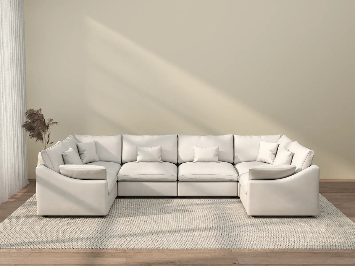 Deluxe Cloud 6-Seater White Pit Sectional | 6-Piece, Chenille And Linen Fabric, Washable Cushion Covers