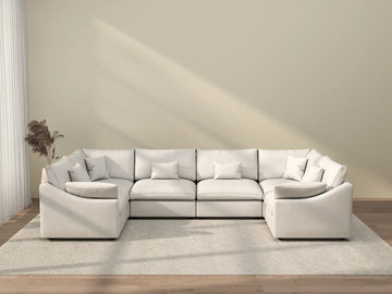 Deluxe Cloud 6-Seater White Pit Sectional | 6-Piece, Chenille And Linen Fabric, Washable Cushion Covers