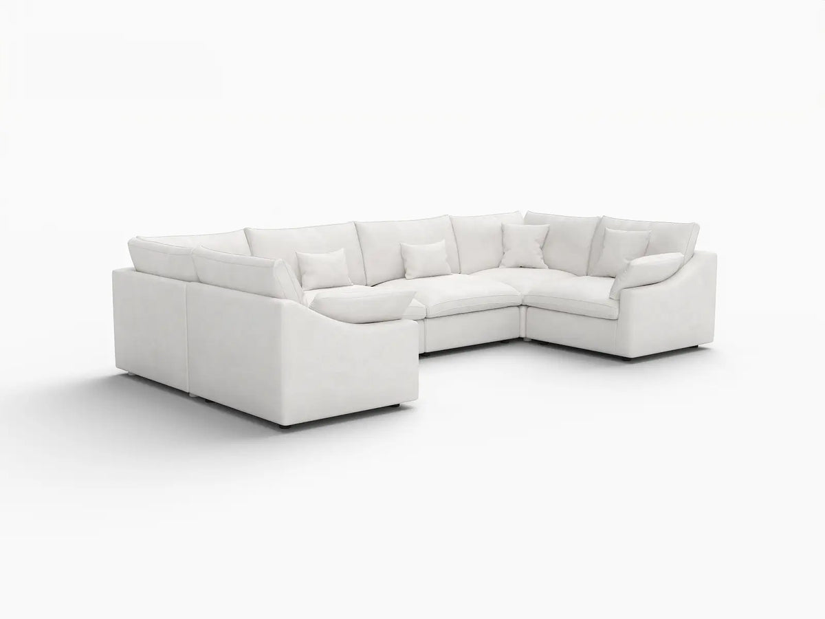 Deluxe Cloud 6-Seater White Pit Sectional | 6-Piece, Chenille And Linen Fabric, Washable Cushion Covers