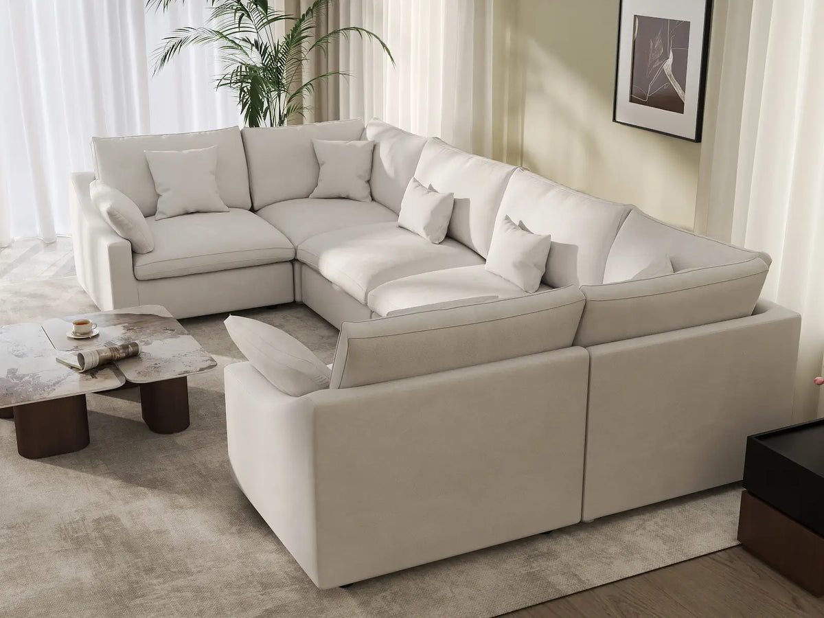 Deluxe Cloud 6-Seater White Pit Sectional | 6-Piece, Chenille And Linen Fabric, Washable Cushion Covers