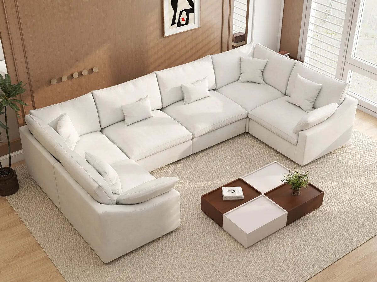 Deluxe Cloud 6-Seater White Pit Sectional | 6-Piece, Chenille And Linen Fabric, Washable Cushion Covers