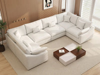 Deluxe Cloud 6-Seater White Pit Sectional | 6-Piece, Chenille And Linen Fabric, Washable Cushion Covers