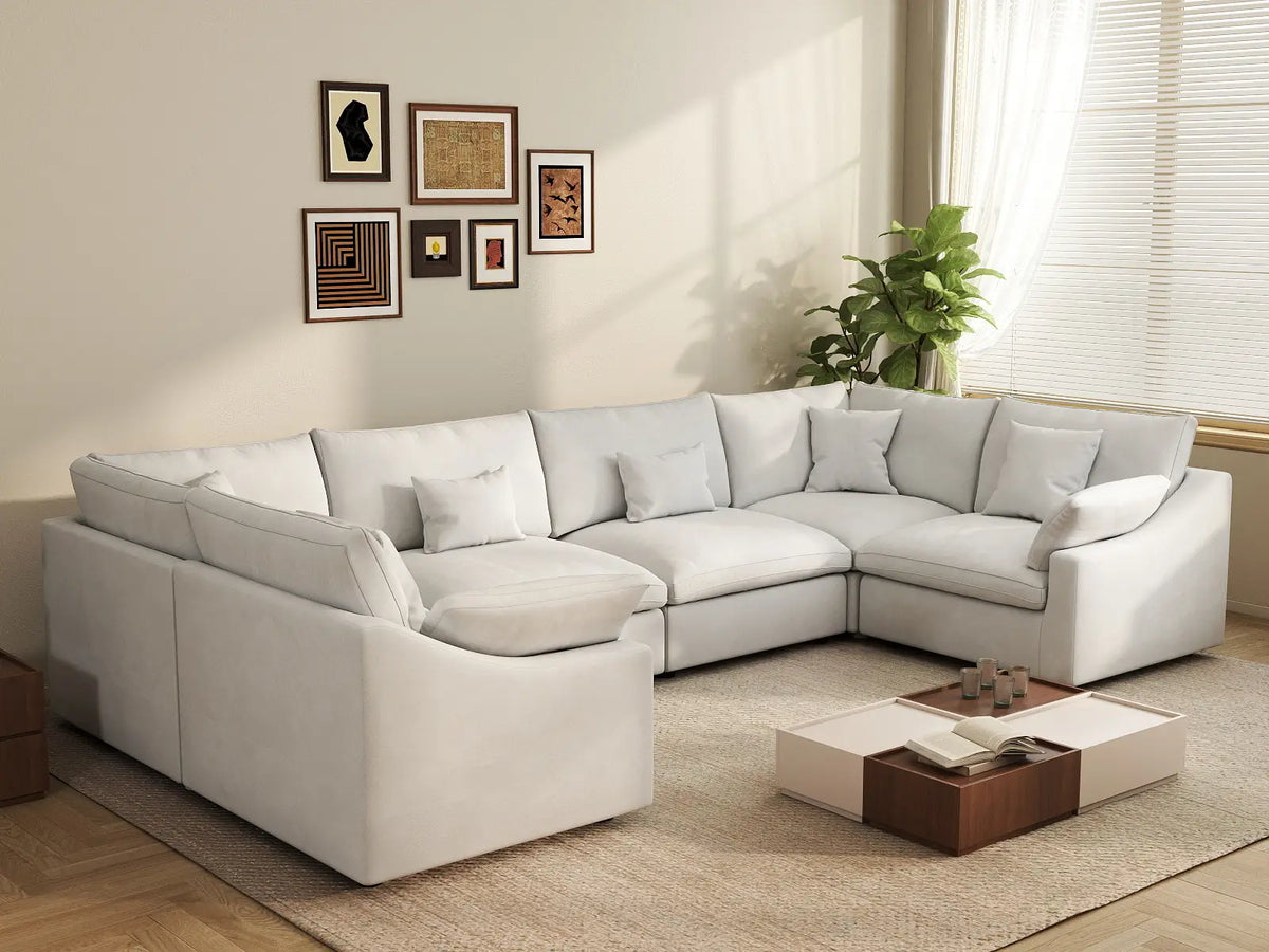 Deluxe Cloud 6-Seater White Pit Sectional | 6-Piece, Chenille And Linen Fabric, Washable Cushion Covers