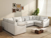 Deluxe Cloud 6-Seater White Pit Sectional | 6-Piece, Chenille And Linen Fabric, Washable Cushion Covers