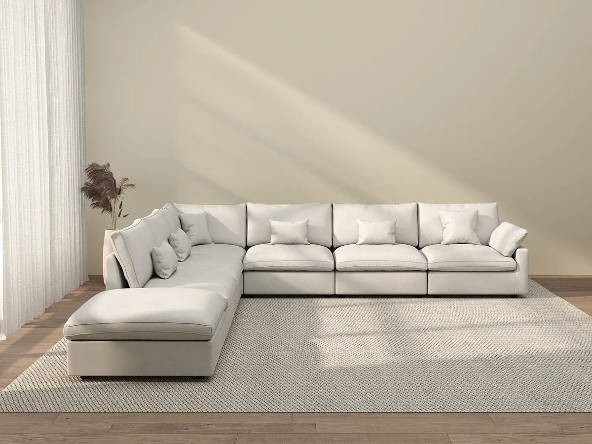 Deluxe Cloud 6-Seater White Pit Sectional | 7-Piece (Includes 1 Ottoman), Chenille And Linen Fabric, Washable Cushion Covers
