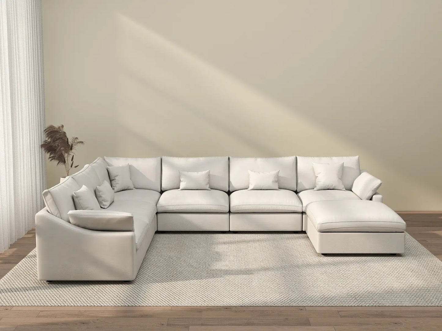 Deluxe Cloud 6-Seater White Pit Sectional | 7-Piece (Includes 1 Ottoman), Chenille And Linen Fabric, Washable Cushion Covers