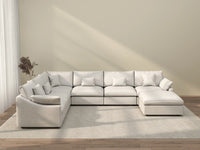 Deluxe Cloud 6-Seater White Pit Sectional | 7-Piece (Includes 1 Ottoman), Chenille And Linen Fabric, Washable Cushion Covers