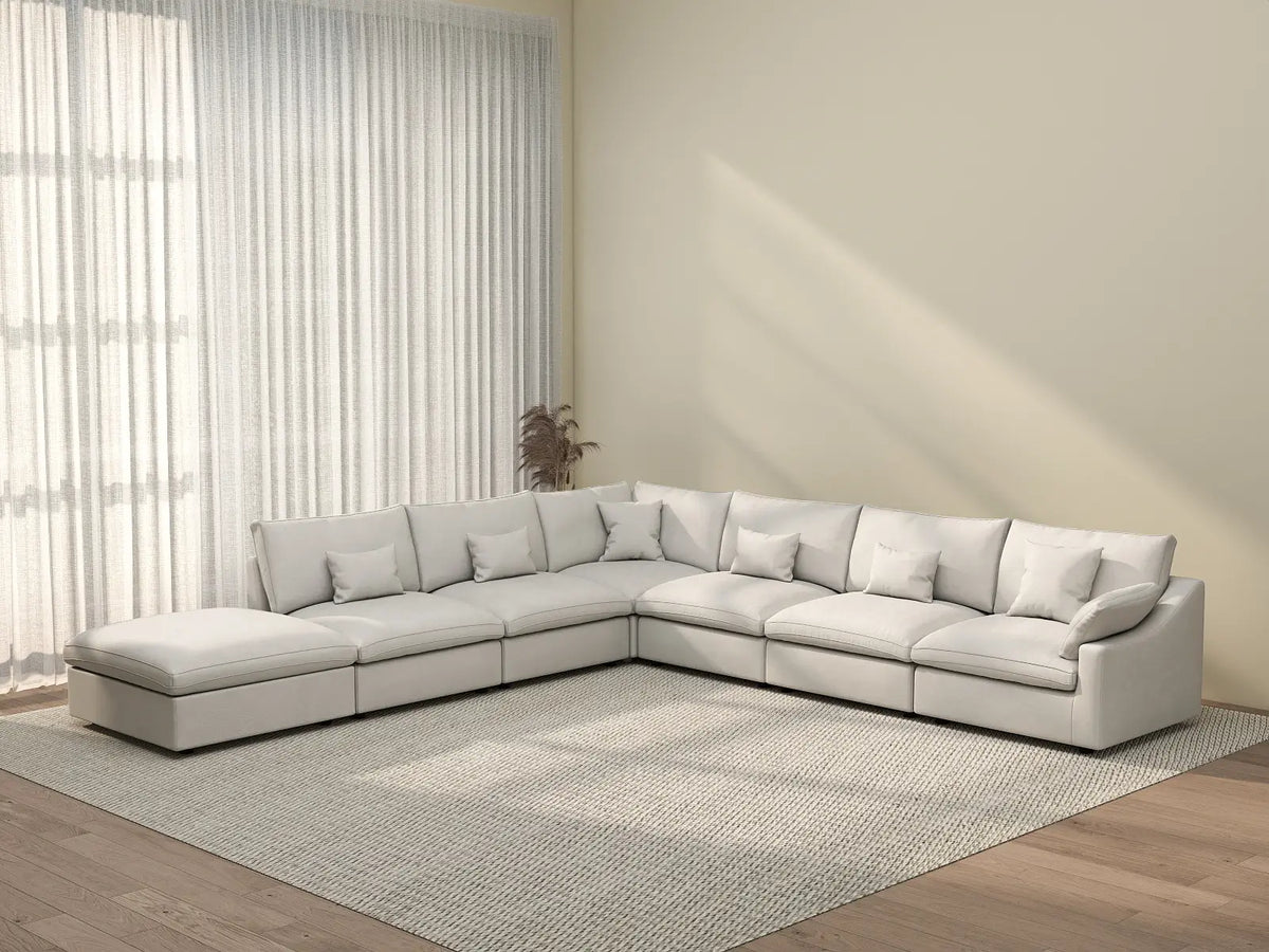 Deluxe Cloud 6-Seater White Pit Sectional | 7-Piece (Includes 1 Ottoman), Chenille And Linen Fabric, Washable Cushion Covers