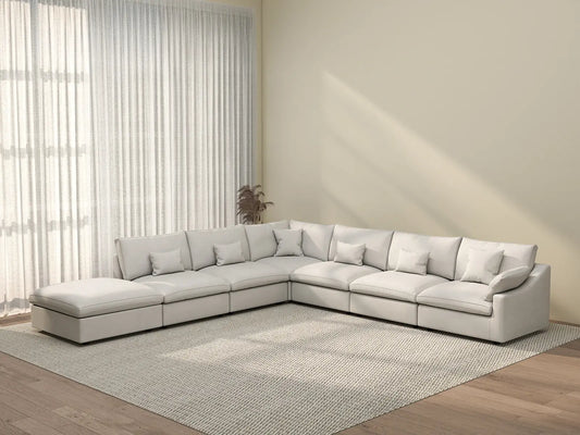 Deluxe Cloud 6-Seater White Pit Sectional | 7-Piece (Includes 1 Ottoman), Chenille And Linen Fabric, Washable Cushion Covers
