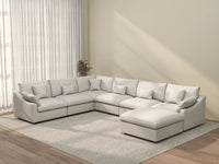 Deluxe Cloud 6-Seater White Pit Sectional | 7-Piece (Includes 1 Ottoman), Chenille And Linen Fabric, Washable Cushion Covers
