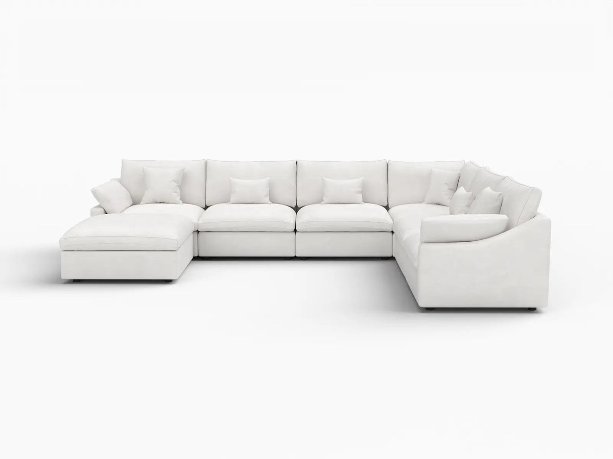 Deluxe Cloud 6-Seater White Pit Sectional | 7-Piece (Includes 1 Ottoman), Chenille And Linen Fabric, Washable Cushion Covers