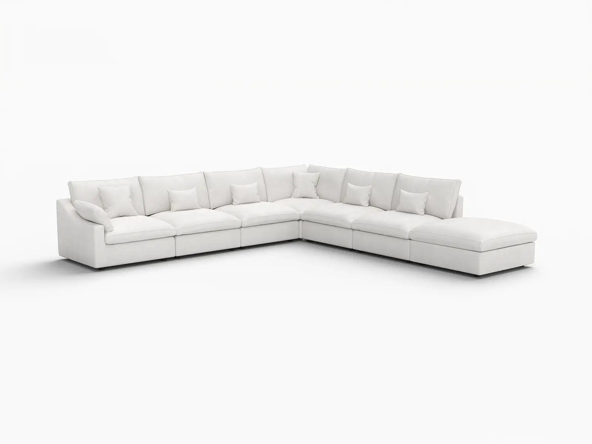 Deluxe Cloud 6-Seater White Pit Sectional | 7-Piece (Includes 1 Ottoman), Chenille And Linen Fabric, Washable Cushion Covers