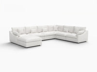 Deluxe Cloud 6-Seater White Pit Sectional | 7-Piece (Includes 1 Ottoman), Chenille And Linen Fabric, Washable Cushion Covers