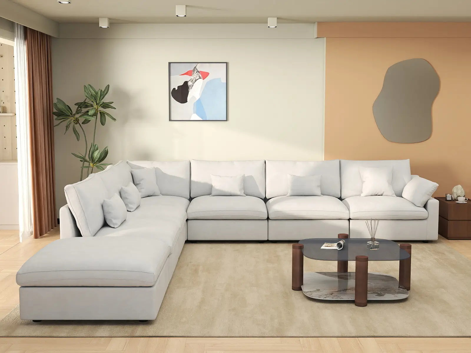 Deluxe Cloud 6-Seater White Pit Sectional | 7-Piece (Includes 1 Ottoman), Chenille And Linen Fabric, Washable Cushion Covers