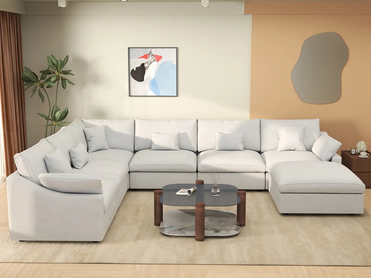 Deluxe Cloud 6-Seater White Pit Sectional | 7-Piece (Includes 1 Ottoman), Chenille And Linen Fabric, Washable Cushion Covers