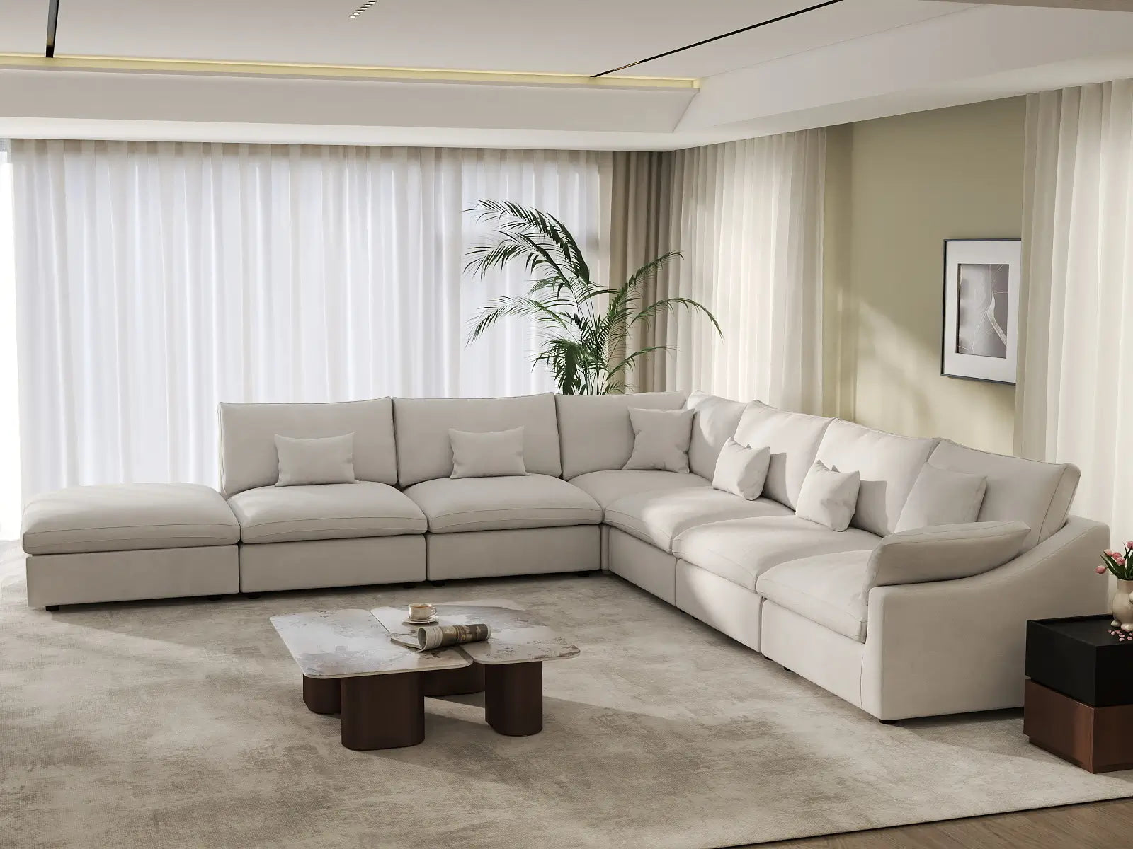 Deluxe Cloud 6-Seater White Pit Sectional | 7-Piece (Includes 1 Ottoman), Chenille And Linen Fabric, Washable Cushion Covers