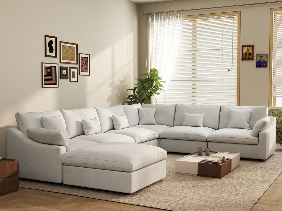 Deluxe Cloud 6-Seater White Pit Sectional | 7-Piece (Includes 1 Ottoman), Chenille And Linen Fabric, Washable Cushion Covers