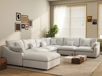 Deluxe Cloud 6-Seater White Pit Sectional | 7-Piece (Includes 1 Ottoman), Chenille And Linen Fabric, Washable Cushion Covers