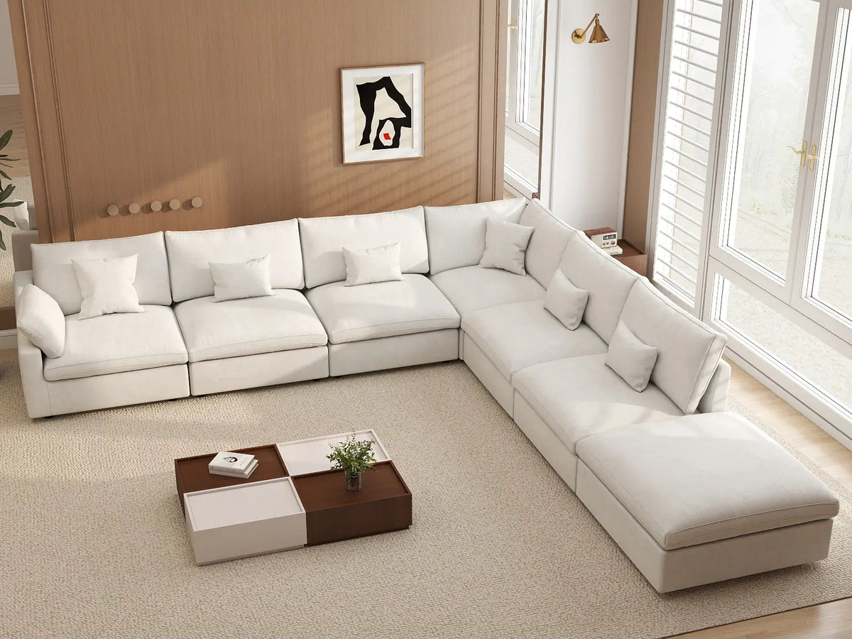 Deluxe Cloud 6-Seater White Pit Sectional | 7-Piece (Includes 1 Ottoman), Chenille And Linen Fabric, Washable Cushion Covers