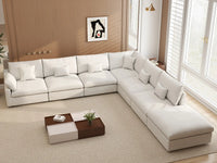 Deluxe Cloud 6-Seater White Pit Sectional | 7-Piece (Includes 1 Ottoman), Chenille And Linen Fabric, Washable Cushion Covers