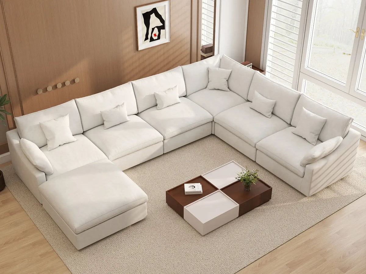 Deluxe Cloud 6-Seater White Pit Sectional | 7-Piece (Includes 1 Ottoman), Chenille And Linen Fabric, Washable Cushion Covers