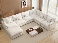 Deluxe Cloud 6-Seater White Pit Sectional | 7-Piece (Includes 1 Ottoman), Chenille And Linen Fabric, Washable Cushion Covers