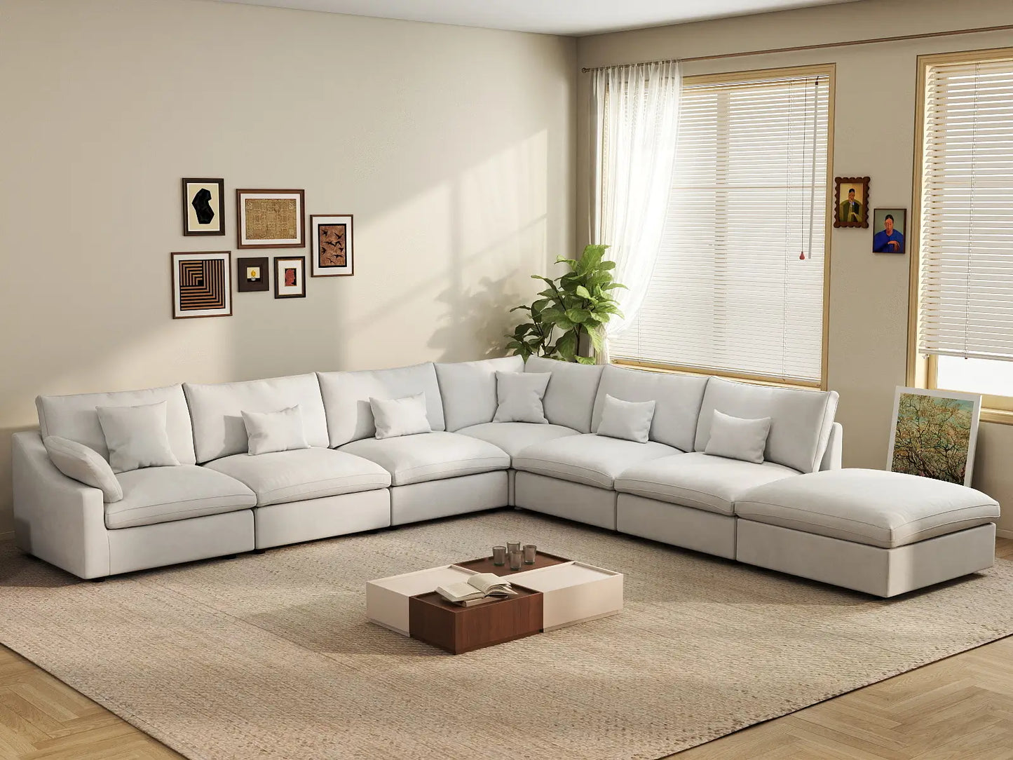 Deluxe Cloud 6-Seater White Pit Sectional | 7-Piece (Includes 1 Ottoman), Chenille And Linen Fabric, Washable Cushion Covers