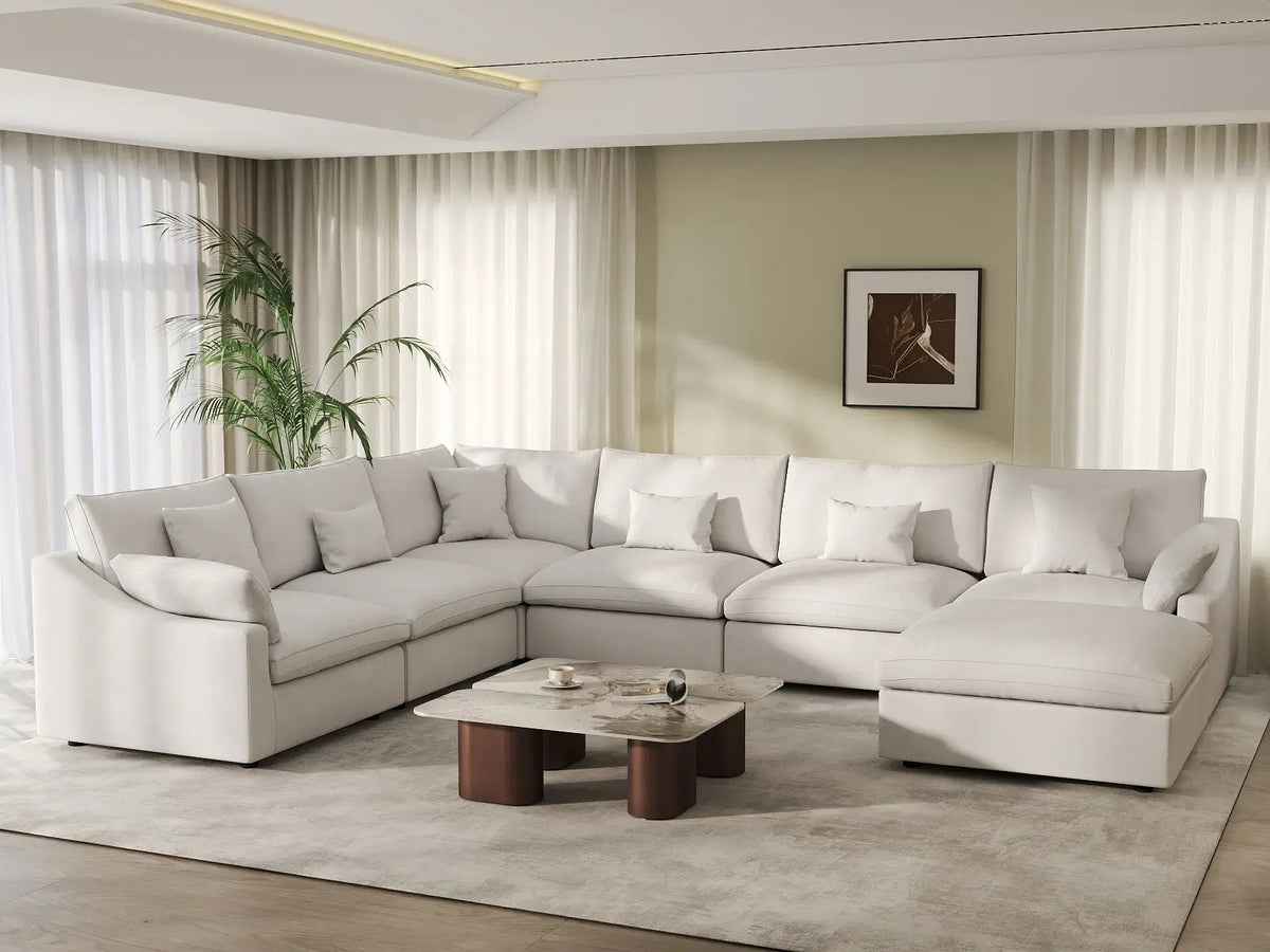 Deluxe Cloud 6-Seater White Pit Sectional | 7-Piece (Includes 1 Ottoman), Chenille And Linen Fabric, Washable Cushion Covers