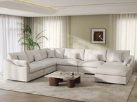Deluxe Cloud 6-Seater White Pit Sectional | 7-Piece (Includes 1 Ottoman), Chenille And Linen Fabric, Washable Cushion Covers