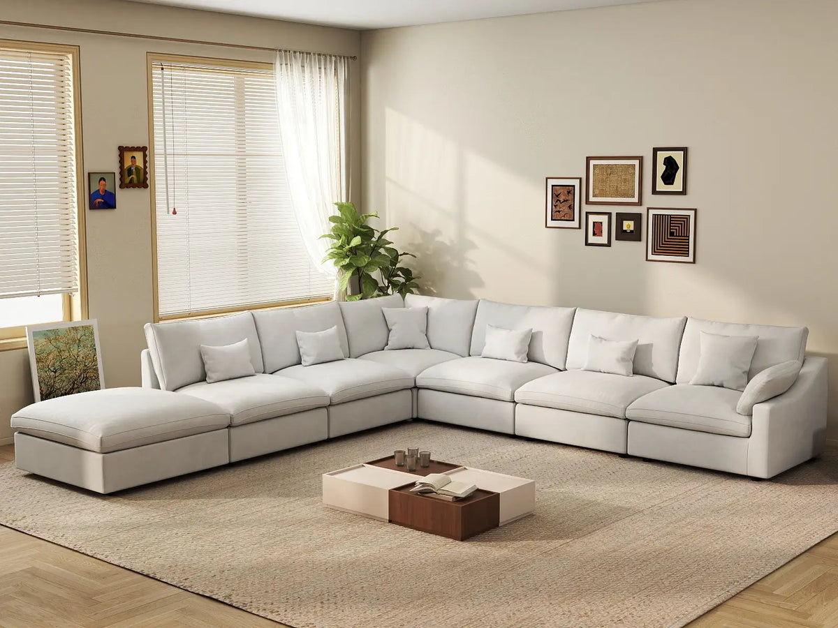 Deluxe Cloud 6-Seater White Pit Sectional | 7-Piece (Includes 1 Ottoman), Chenille And Linen Fabric, Washable Cushion Covers