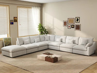 Deluxe Cloud 6-Seater White Pit Sectional | 7-Piece (Includes 1 Ottoman), Chenille And Linen Fabric, Washable Cushion Covers