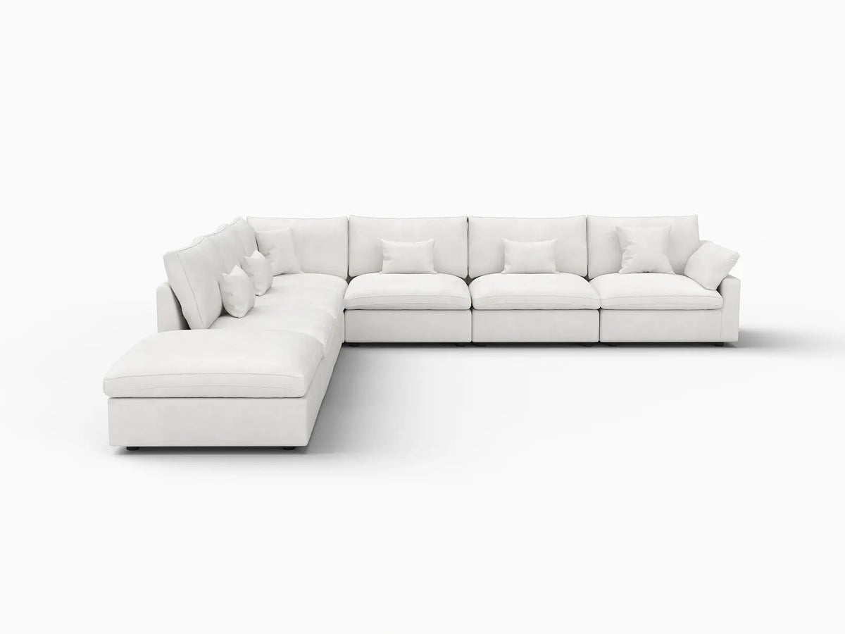 Deluxe Cloud 6-Seater White Pit Sectional | 7-Piece (Includes 1 Ottoman), Chenille And Linen Fabric, Washable Cushion Covers