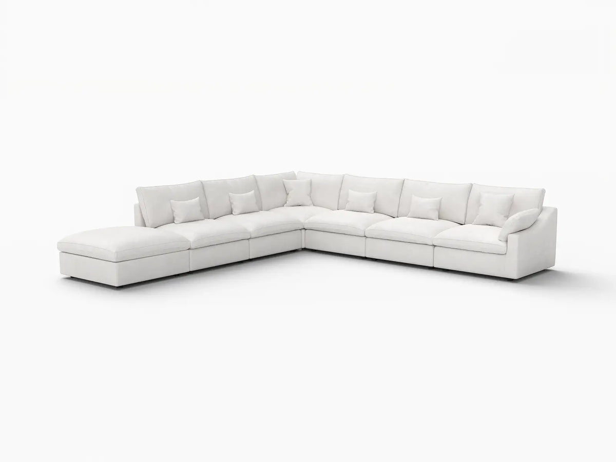 Deluxe Cloud 6-Seater White Pit Sectional | 7-Piece (Includes 1 Ottoman), Chenille And Linen Fabric, Washable Cushion Covers