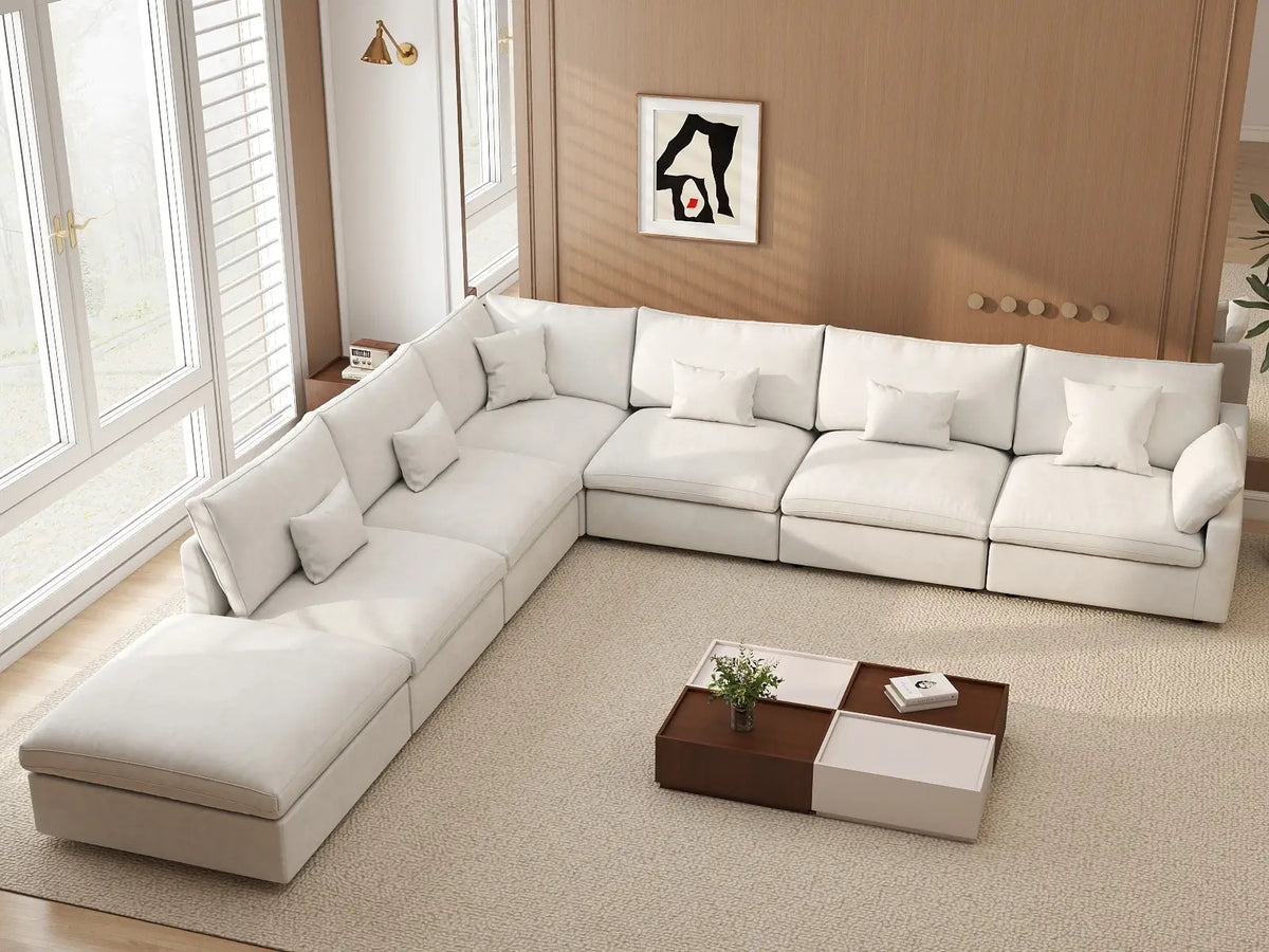 Deluxe Cloud 6-Seater White Pit Sectional | 7-Piece (Includes 1 Ottoman), Chenille And Linen Fabric, Washable Cushion Covers