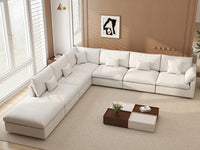 Deluxe Cloud 6-Seater White Pit Sectional | 7-Piece (Includes 1 Ottoman), Chenille And Linen Fabric, Washable Cushion Covers