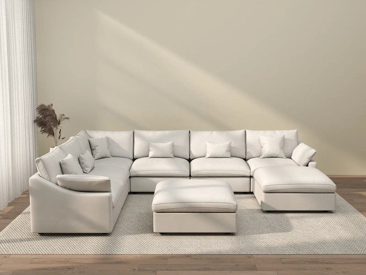 Deluxe Cloud 6-Seater White Pit Sectional | 8-Piece (Includes 2 Ottomans), Chenille And Linen Fabric, Washable Cushion Covers