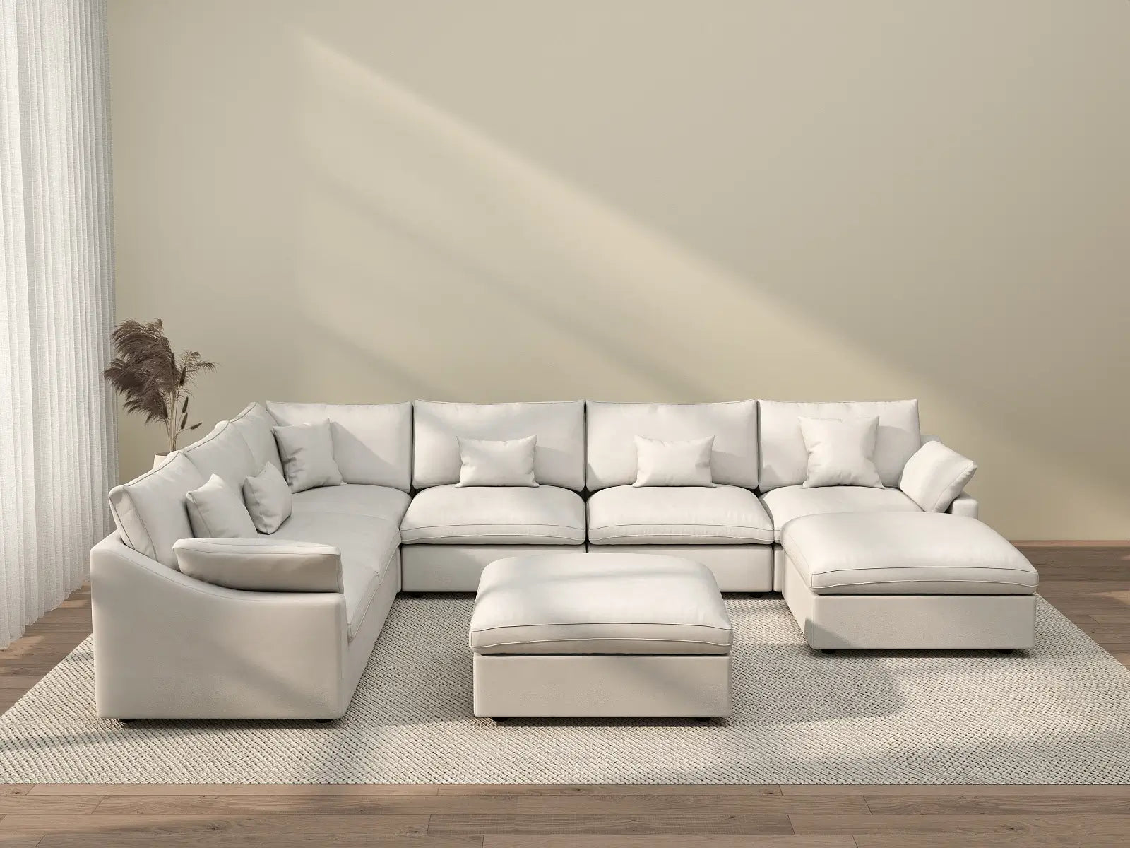 Deluxe Cloud 6-Seater White Pit Sectional | 8-Piece (Includes 2 Ottomans), Chenille And Linen Fabric, Washable Cushion Covers