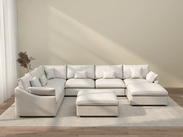 Deluxe Cloud 6-Seater White Pit Sectional | 8-Piece (Includes 2 Ottomans), Chenille And Linen Fabric, Washable Cushion Covers