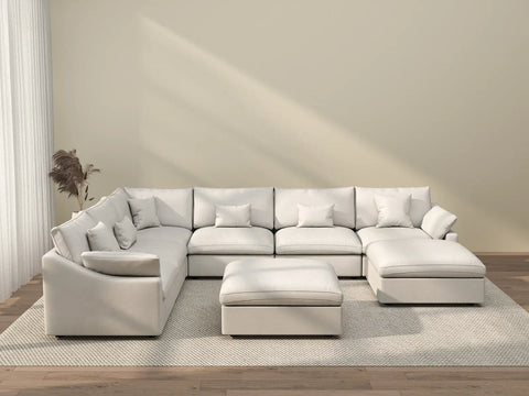 Deluxe Cloud 6-Seater White Pit Sectional | 8-Piece (Includes 2 Ottomans), Chenille And Linen Fabric, Washable Cushion Covers