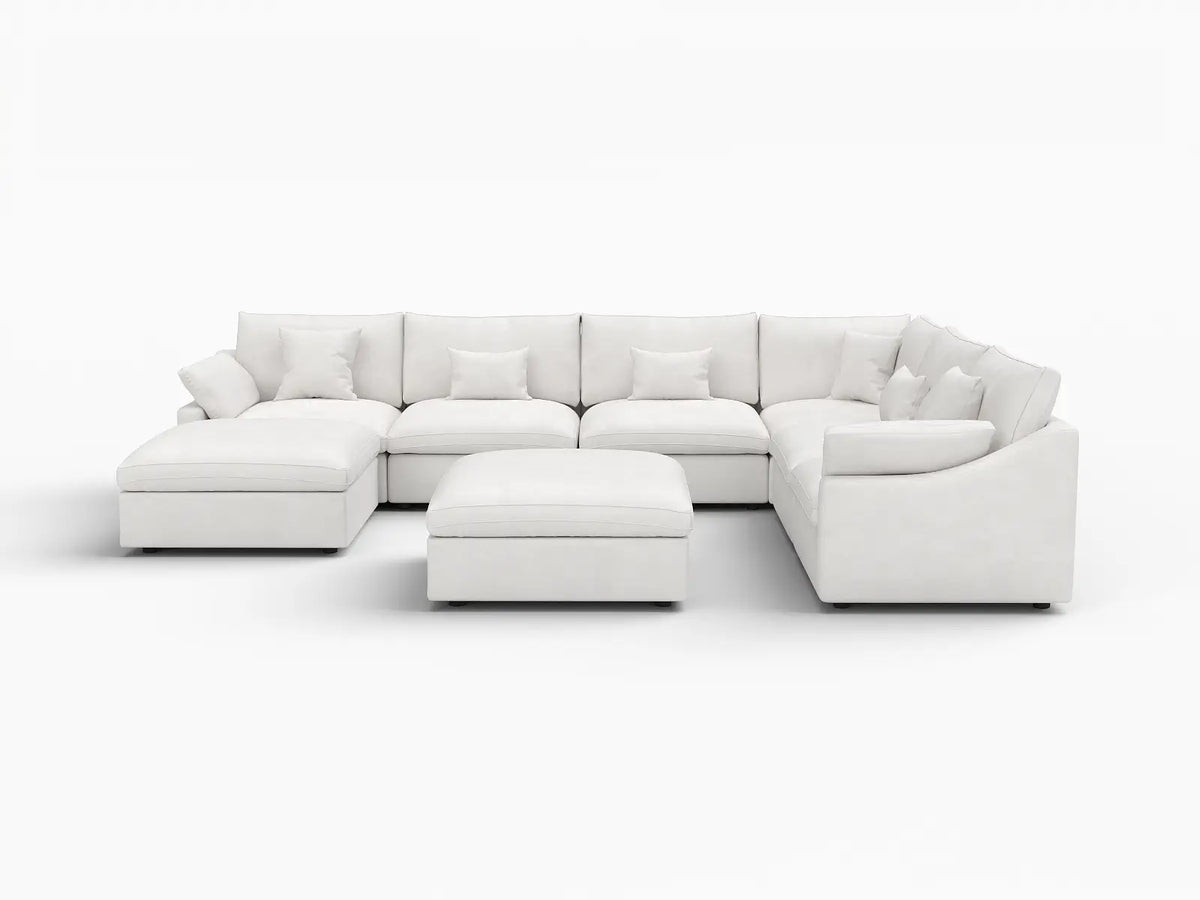 Deluxe Cloud 6-Seater White Pit Sectional | 8-Piece (Includes 2 Ottomans), Chenille And Linen Fabric, Washable Cushion Covers