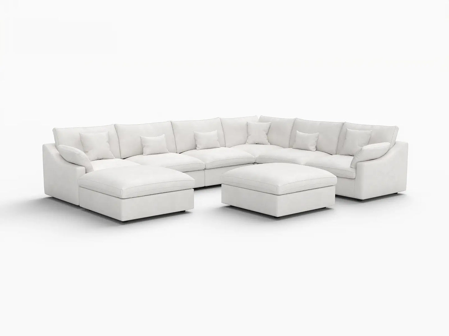 Deluxe Cloud 6-Seater White Pit Sectional | 8-Piece (Includes 2 Ottomans), Chenille And Linen Fabric, Washable Cushion Covers