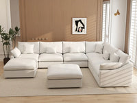 Deluxe Cloud 6-Seater White Pit Sectional | 8-Piece (Includes 2 Ottomans), Chenille And Linen Fabric, Washable Cushion Covers