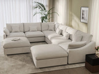 Deluxe Cloud 6-Seater White Pit Sectional | 8-Piece (Includes 2 Ottomans), Chenille And Linen Fabric, Washable Cushion Covers