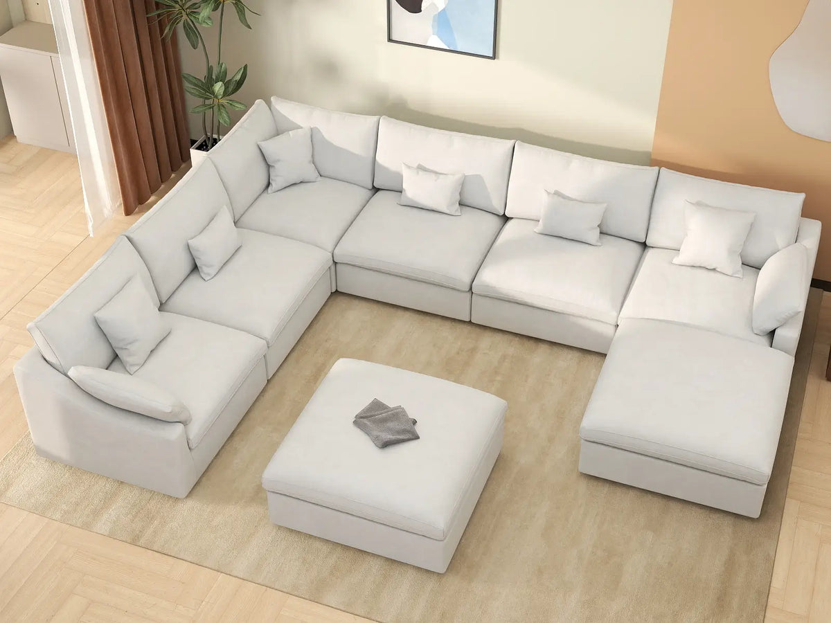 Deluxe Cloud 6-Seater White Pit Sectional | 8-Piece (Includes 2 Ottomans), Chenille And Linen Fabric, Washable Cushion Covers