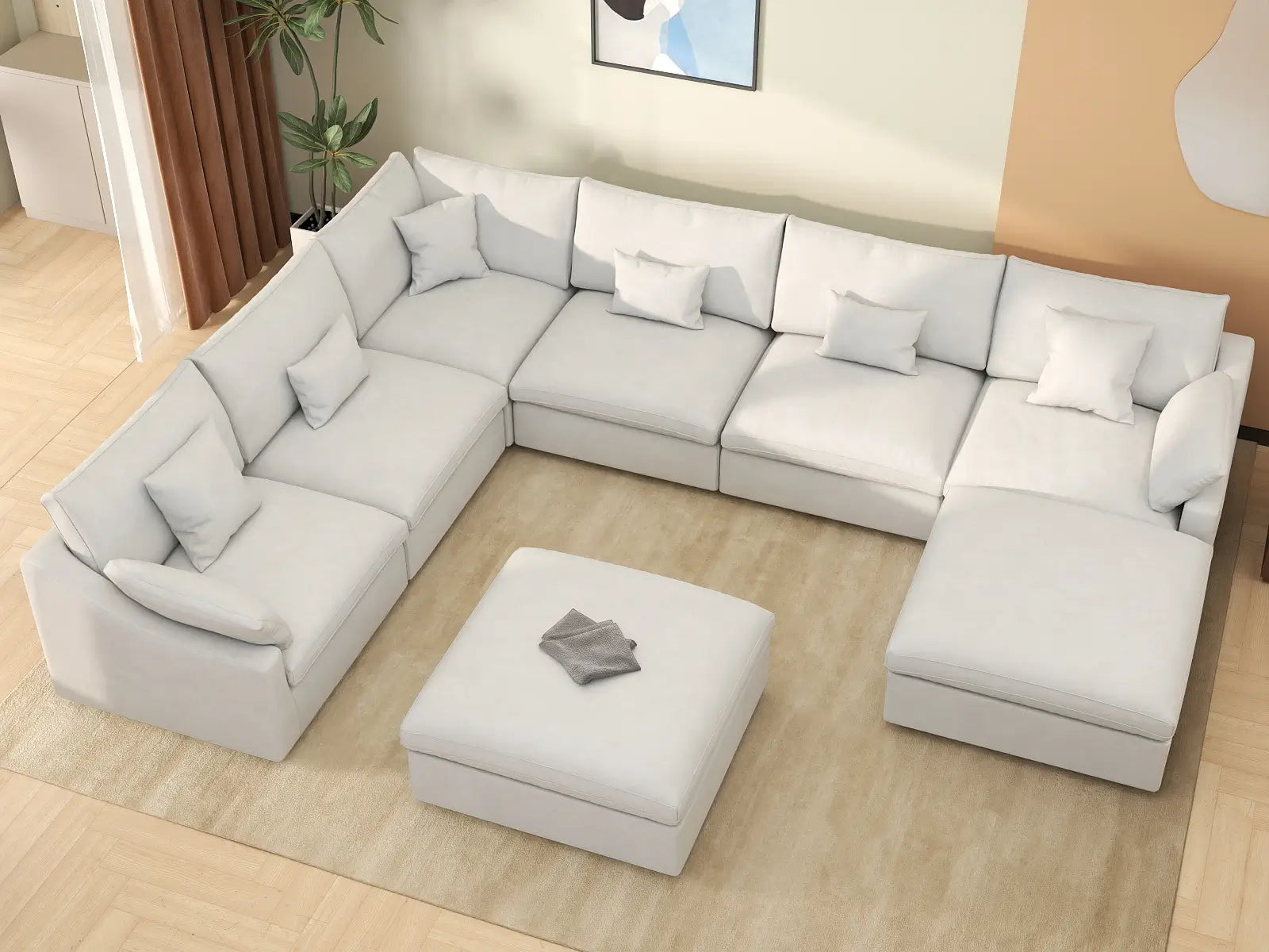 Deluxe Cloud 6-Seater White Pit Sectional | 8-Piece (Includes 2 Ottomans), Chenille And Linen Fabric, Washable Cushion Covers