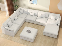 Deluxe Cloud 6-Seater White Pit Sectional | 8-Piece (Includes 2 Ottomans), Chenille And Linen Fabric, Washable Cushion Covers